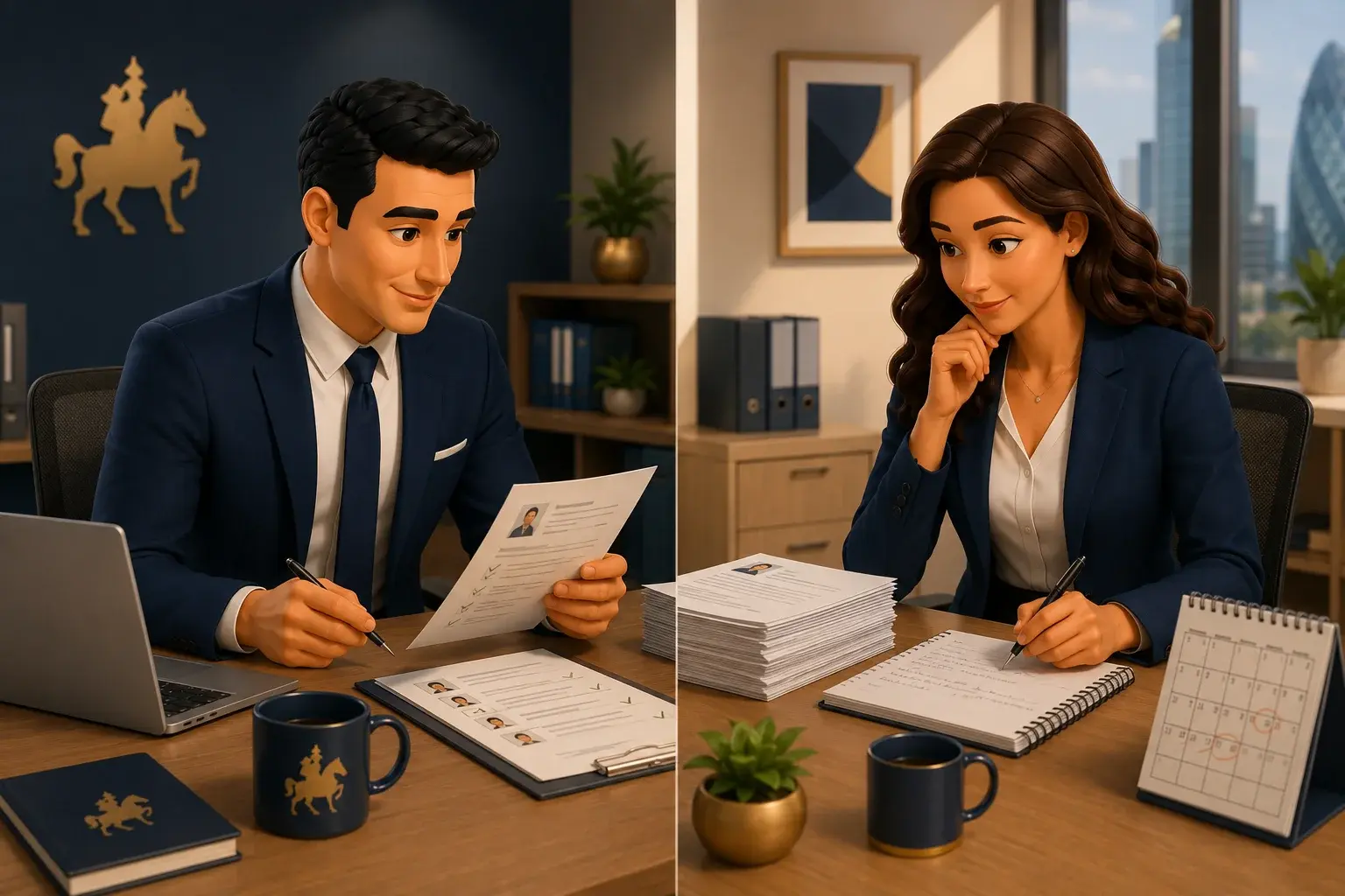 Two consultants comparing agency vs in-house recruitment while reviewing candidate CVs in a professional office.