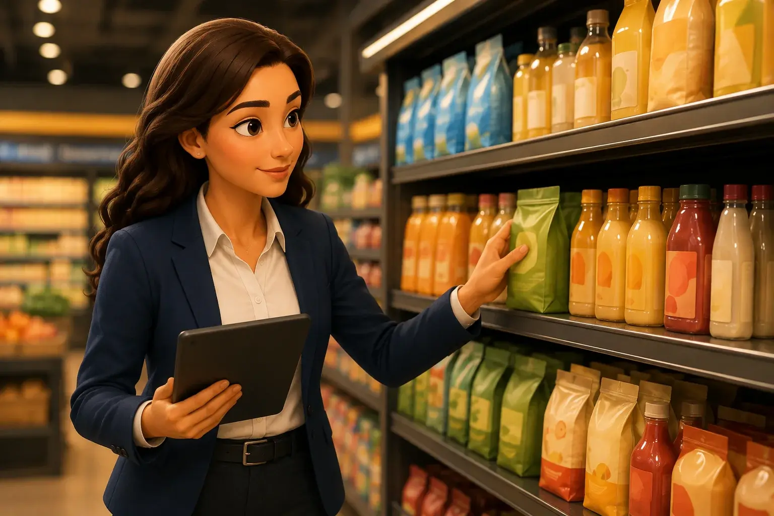 FMCG sales professional reviewing products on a retail shelf, representing specialist FMCG sales recruitment.